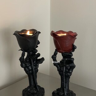 精选我的爱至死不渝骷髅手玫瑰花蜡烛台哥特暗黑系摆件创意小众礼