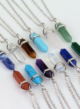 跨境热销水晶六棱柱灵摆吊坠项链多彩孔雀能量石情侣毛衣链饰品