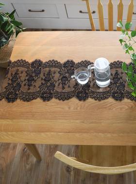 欧式椅纱黑色睫毛蕾丝花边桌旗婚礼婚庆装饰圣诞节日派对长条桌布