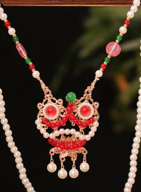 2023新款汉服配饰流苏背云项链女中国风红色醒狮长璎珞古风饰品明