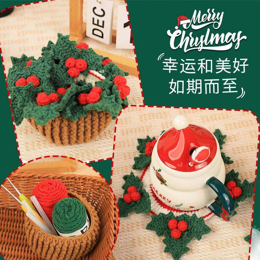 跨境新品居家手工编织套装DIY圣诞果杯垫钩针材料包盒装含教程