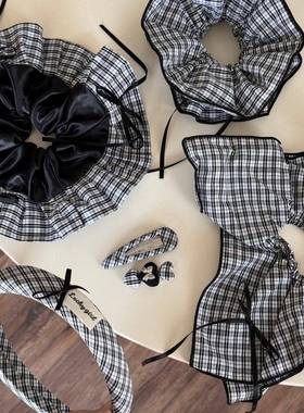 韩系高质感黑色格纹双拼发圈复古学院风布艺大肠圈网红时尚发饰