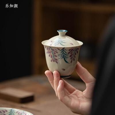 陶瓷盖碗草士LZY-183木釉下彩灰手绘紫藤茶花功夫具女泡茶碗家用