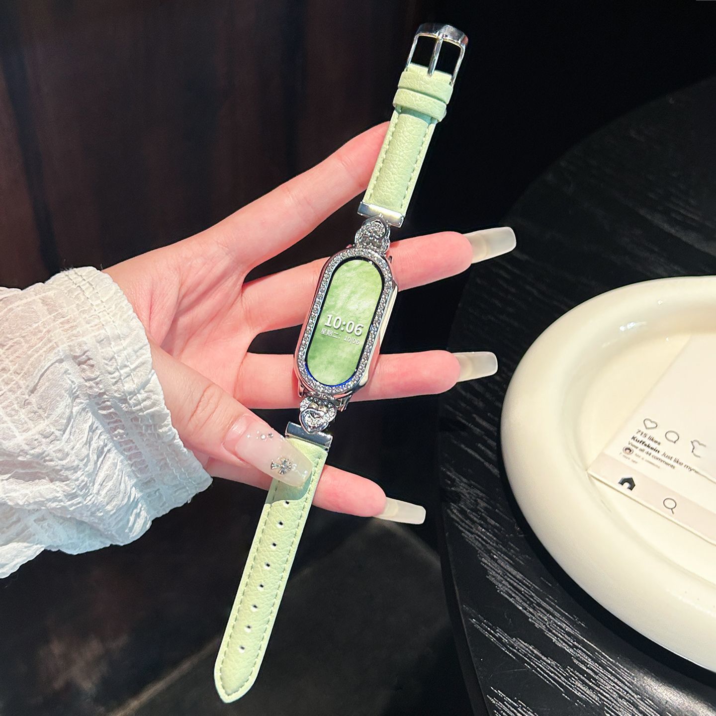 适用于小米手环10表带9镶钻爱心荔枝纹皮质8NFC版陶瓷版腕带女生