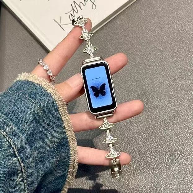 适用新款华为fit4/3土星镶钻腕带手环10表带9NFC金属表链小米9pro