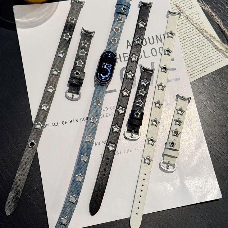 新款适用小米10表带百搭个性复古牛仔星星双圈表带华为FIT4/红米4