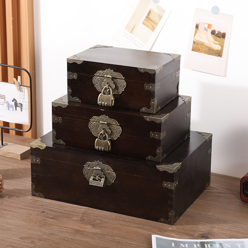 带锁木盒子c桌面收纳盒实木复古小木箱印章证件盒带盖杂物收纳箱