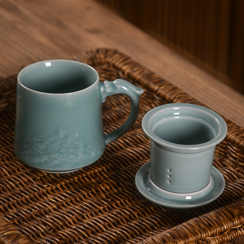 青瓷茶杯陶瓷带盖茶水分离过滤杯办公个人M泡茶高档天青色水杯送