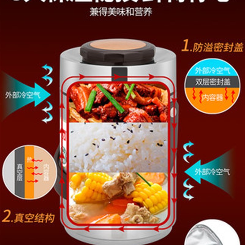 国风保温桶30j4不锈钢三格真空提锅家用2L上班野餐便携保温饭盒