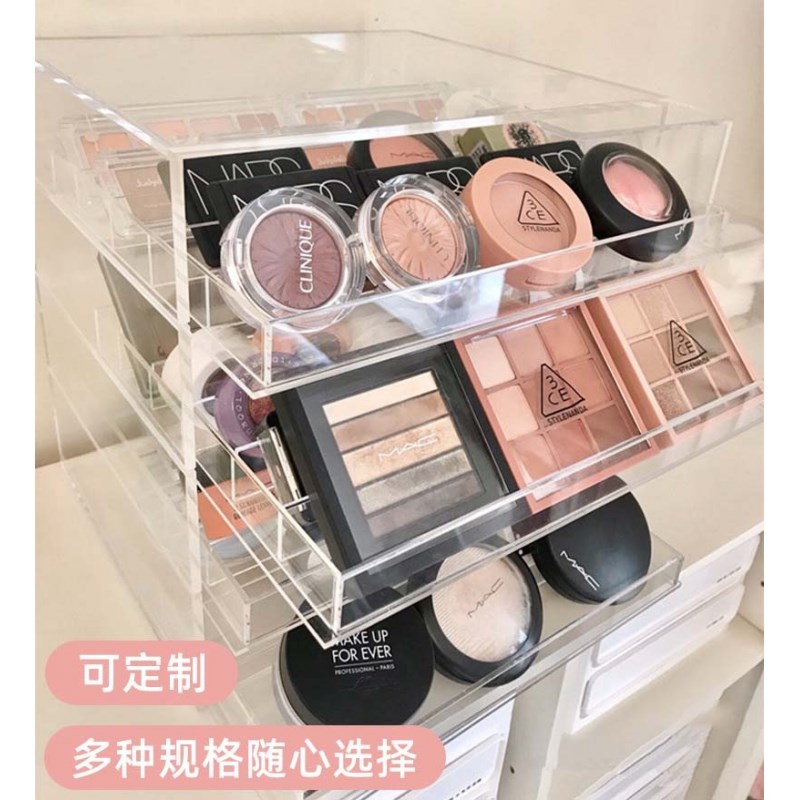 亚克力眼影收f纳盒化妆品气垫粉饼口红桌面抽拉透明置物防尘箱五