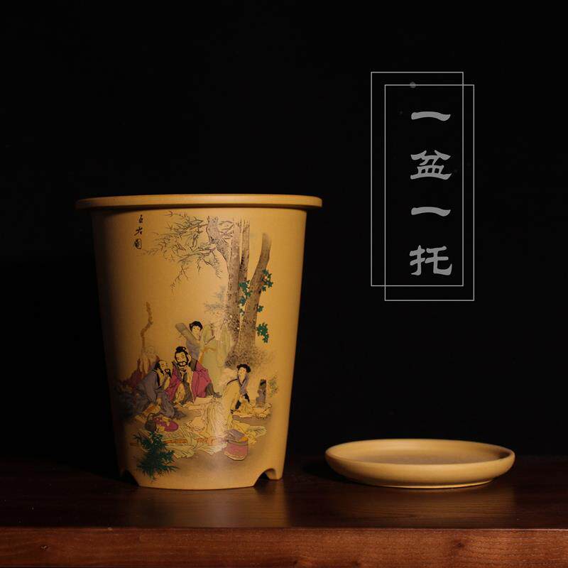 精品直筒紫砂兰花盆 彩绘盆 春兰盆 剑兰盆圆口五老图盆春秋盆