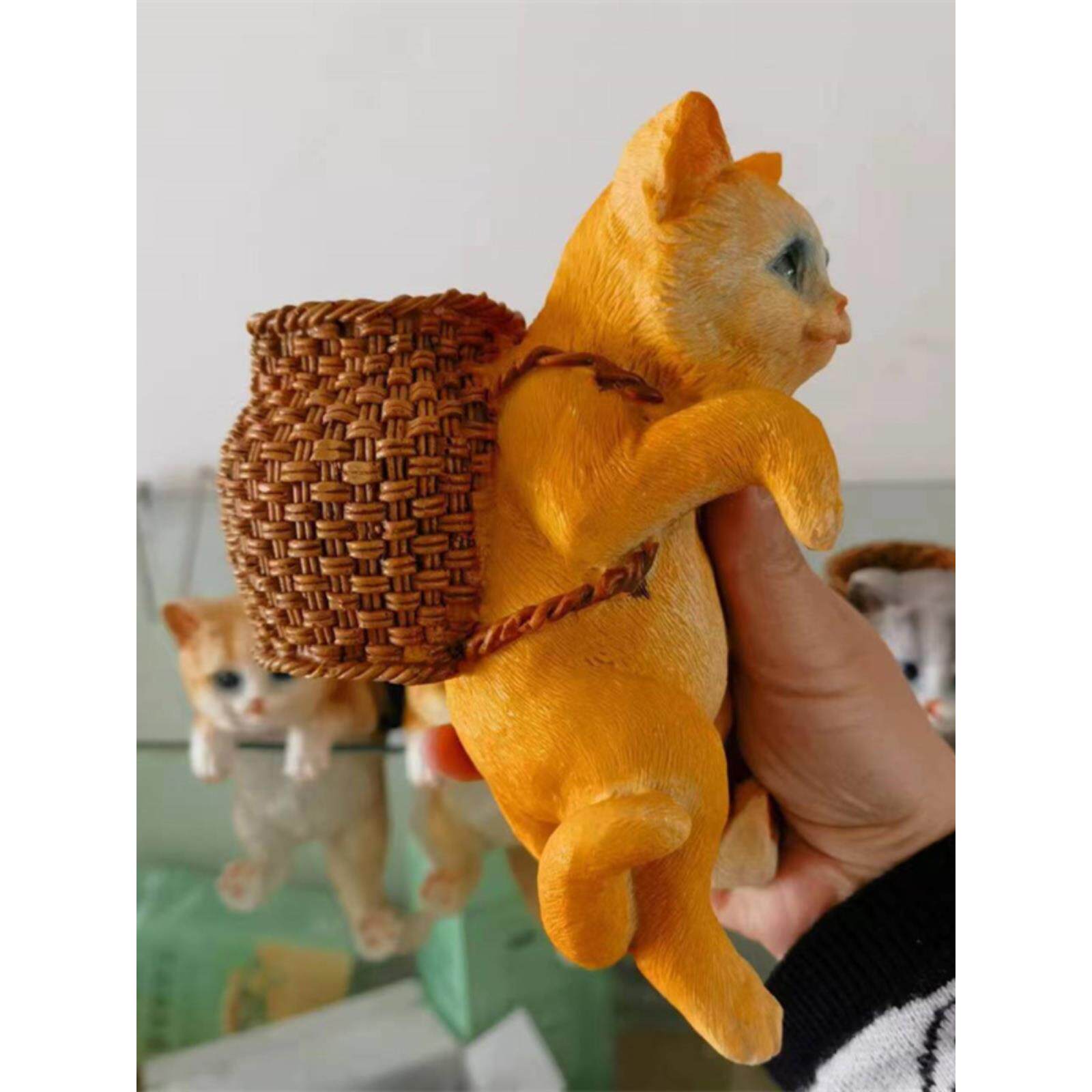 可爱背篓猫 鱼缸装饰造景摆件创意背包竹篓黄色 白色兔子缸壁挂件