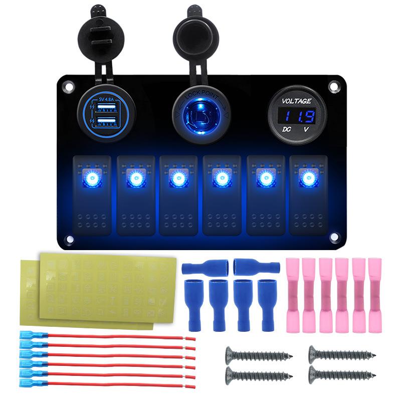 12V/24V房车多功能开关面板带车充电压表翘板开关按钮电源母座