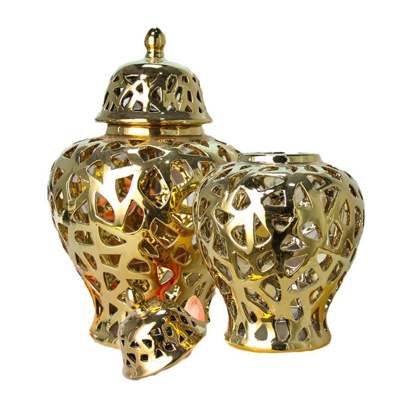 现KSL玄花关软装摆设三代角形镂空金色瓷将军罐家居摆件卉插花陶