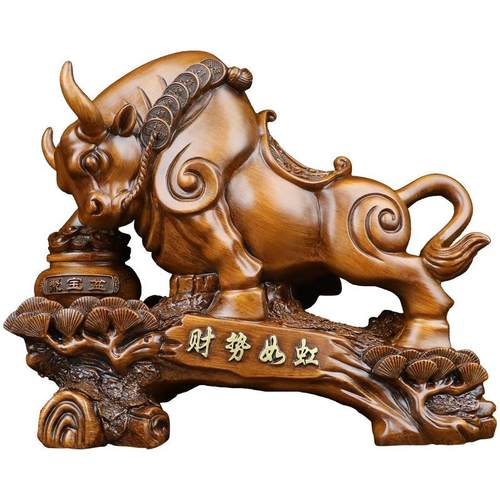 中式财势如虹聚宝盆牛摆件树脂工艺品客厅酒柜家居装饰品开业礼品