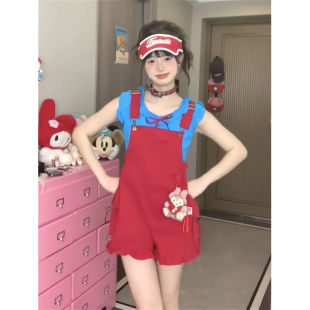 夏季 上衣两件 日系多巴胺少女红色抱婴袋短裤 女搭配木耳边蓝色无袖