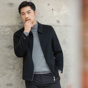 冬季双面羊绒外套 拉链羊毛呢子大衣 男士翻领短款中年双面呢夹克