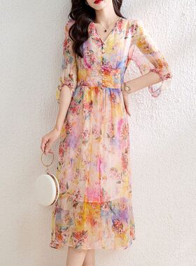 69425海边氛围感连衣裙印花桑蚕丝裙子女茶歇法式中长款真丝裙