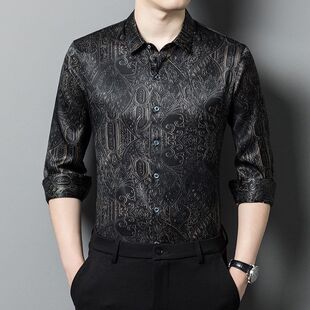 2025春季男式桑蚕丝衬衫长袖高品质复古中年时尚印花翻领宽松衬衣