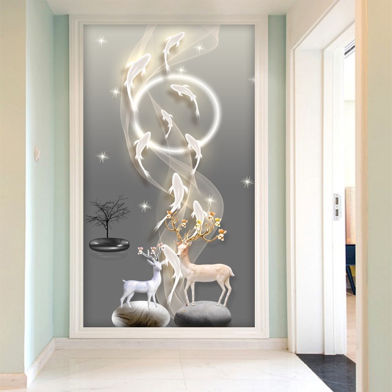 轻奢走廊过道尽头现代麋鹿玄幻背景墙壁画入户竖版玄关装饰画墙纸