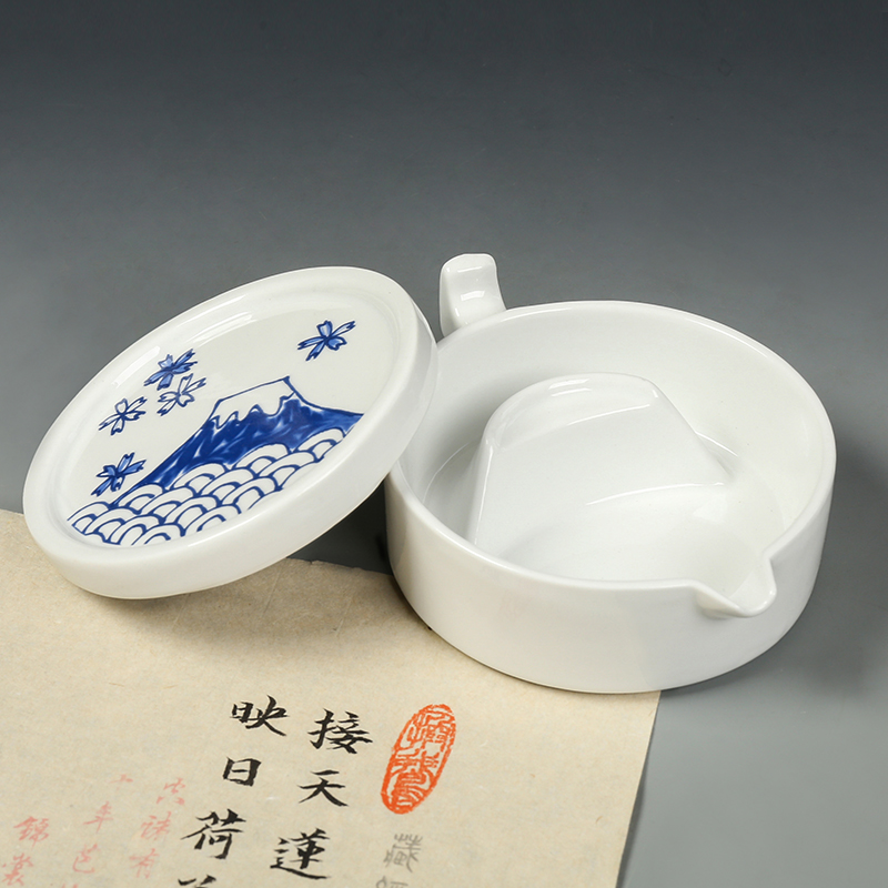 多功能砚台带盖 青花陶瓷简约墨海 学生M实用文房四宝墨池带盖