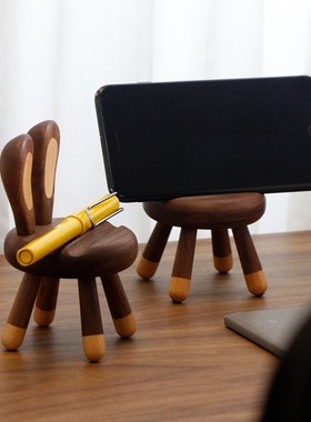 北美黑胡桃木小兔子凳子手机支架可爱卡通小椅子桌面实木摆件支架