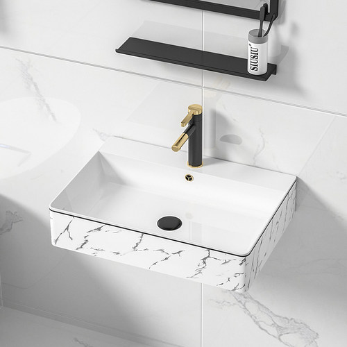 简约大理石纹陶瓷挂墙悬挂式洗手盆方形小户型洗脸挂壁组合池盘