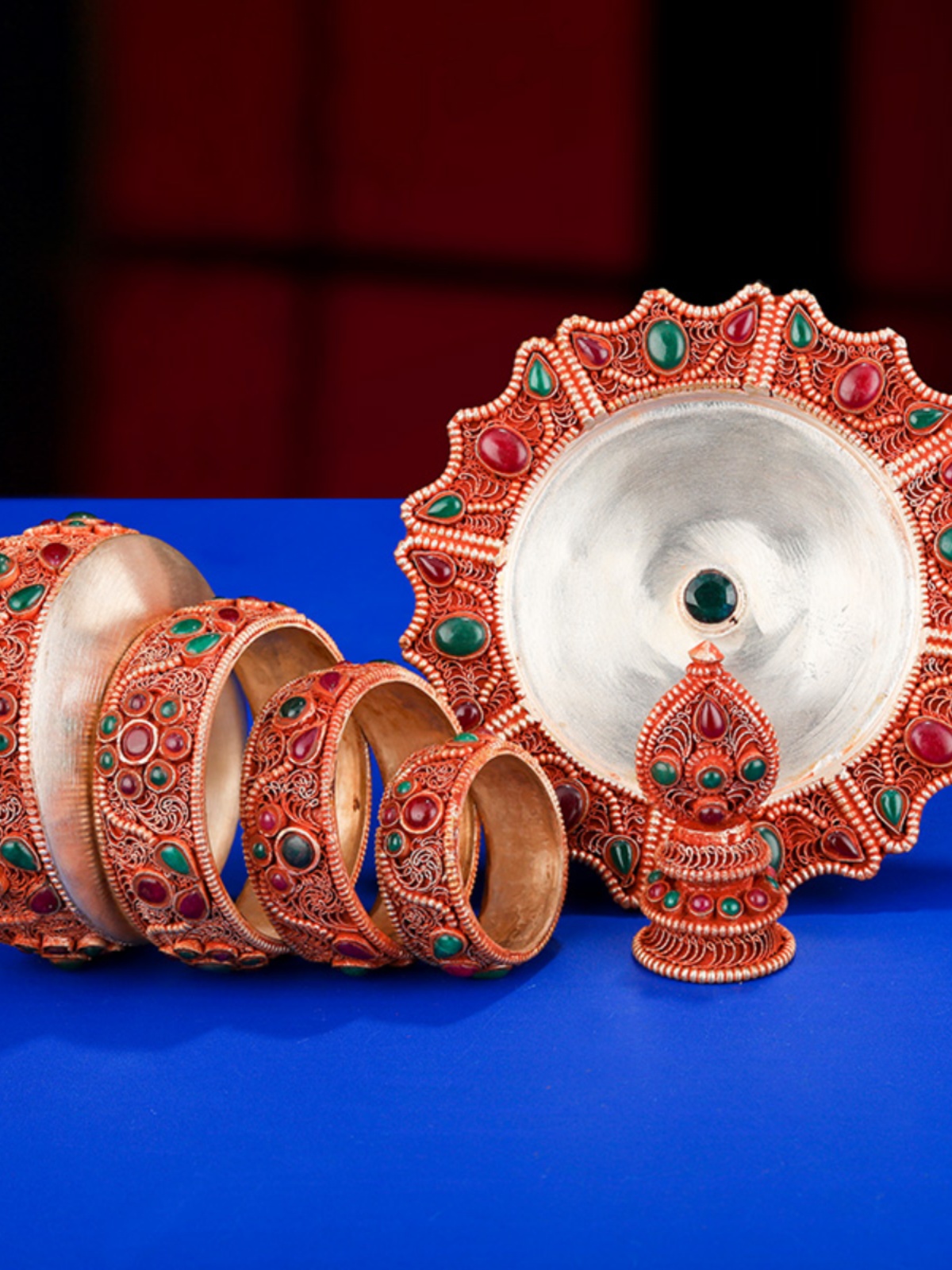 尼泊尔曼扎盘掐丝手工莲花盘家用供铜曼扎曼茶罗整套8cm