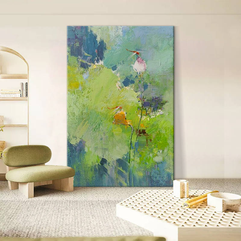 抽象荷花落地画客厅绿色艺术肌理画玄关纯手绘油画楼梯间装饰挂画图片