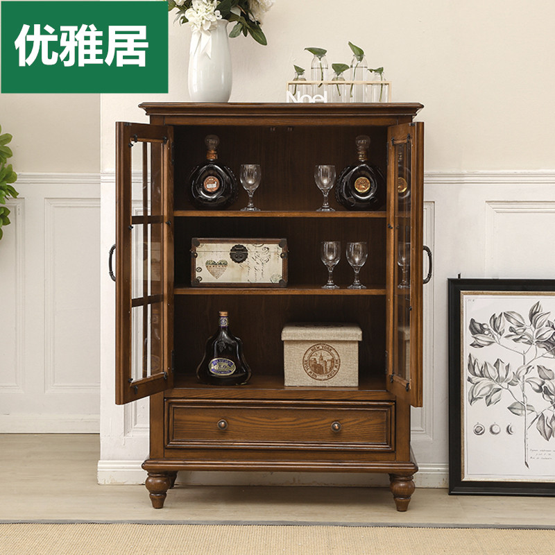 美式复古乡村矮柜子收纳储物柜白蜡实木双门玻璃客厅边柜酒柜