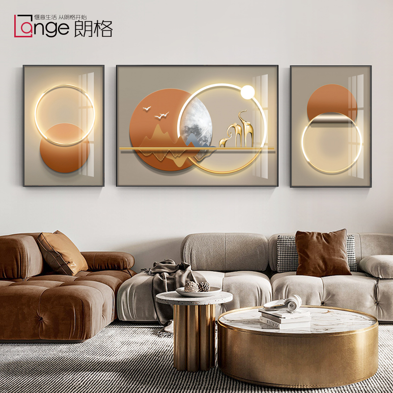 轻奢高档客厅装饰画吉象福鹿沙发背景墙壁画光影几何墙面三联挂画图片