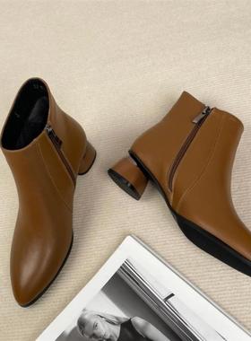 【非ECK凡】搭皮新女鞋时尚尖头气质百拉真链粗跟舒适2023款牛皮