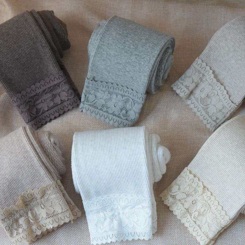 日系竖条纹螺纹蕾丝花边九分裤薄款女春秋外穿精梳棉紧身打底裤袜