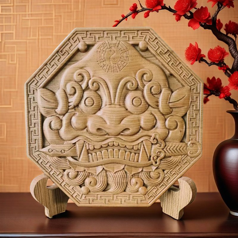 桃木狴犴桃木兽头咬剑太极八卦镜解卫生间厕所对大门卧室木雕挂件