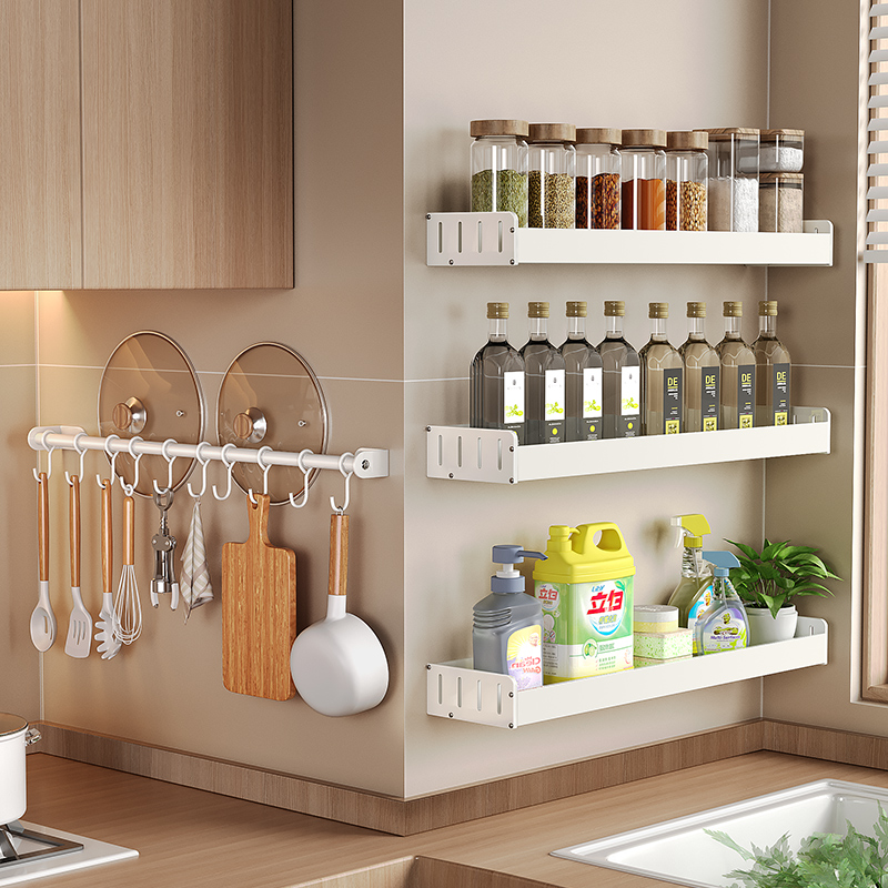 白色厨房挂钩挂架 m不锈钢横杆置物架挂钩式 免打孔挂钩架挂杆壁