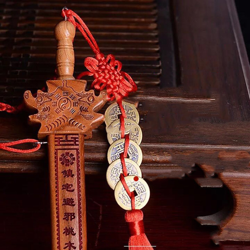 桃木剑现货供售 肥城桃木剑五帝钱桃木七星剑挂件挂饰
