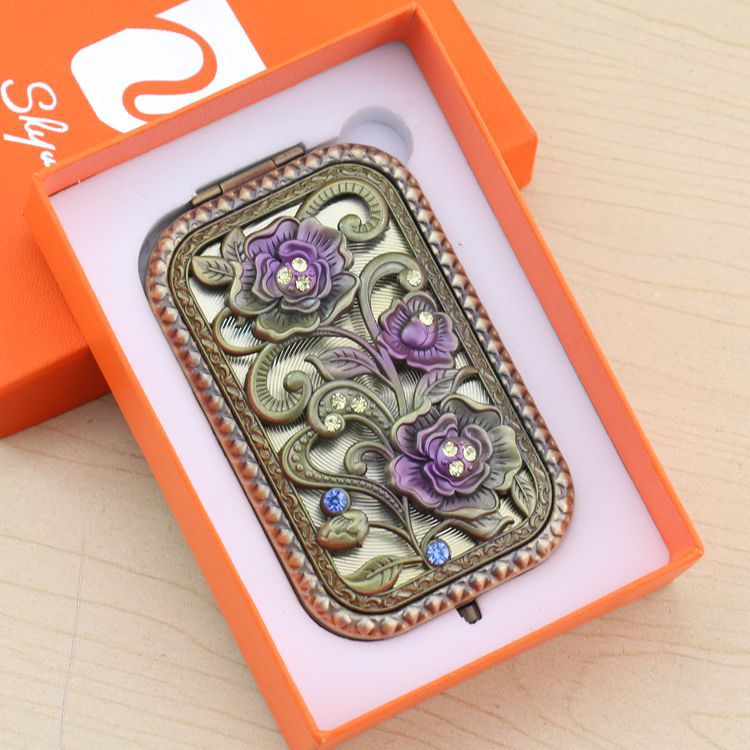 俄罗斯金属化妆镜 随身折叠双面高清放大复古孔雀开屏小镜子