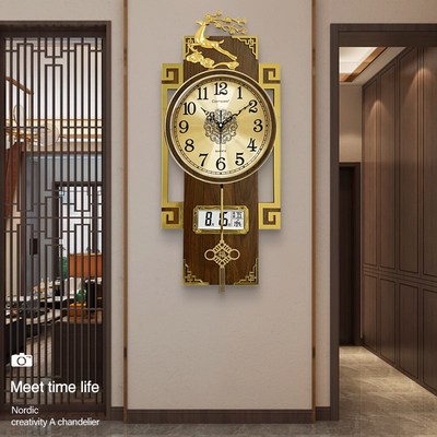 新中式木质挂钟客厅家用时尚2024新款装饰大气时钟表挂墙免打孔