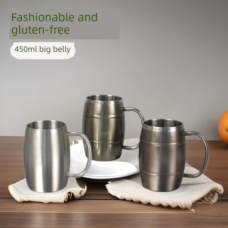 不锈钢茶罐1000毫升大容量304啤酒杯1L双肋办公室酒吧大冰杯