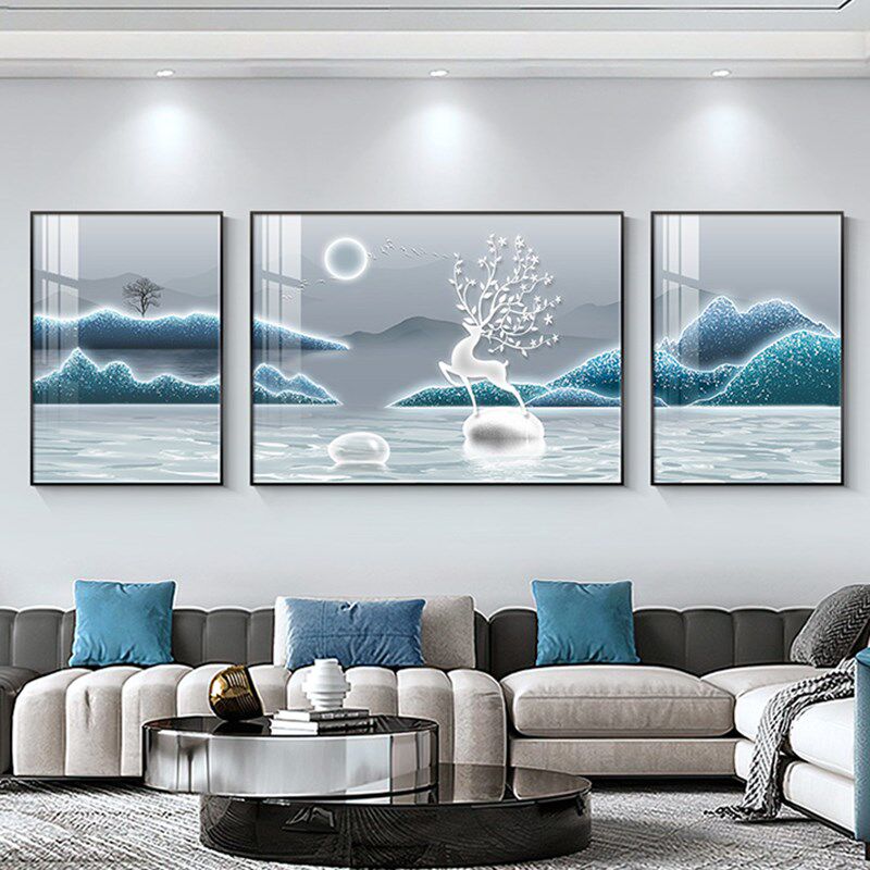 客厅钻石画2024新款满钻轻奢高级感蓝色三联画福鹿山水点钻十字绣