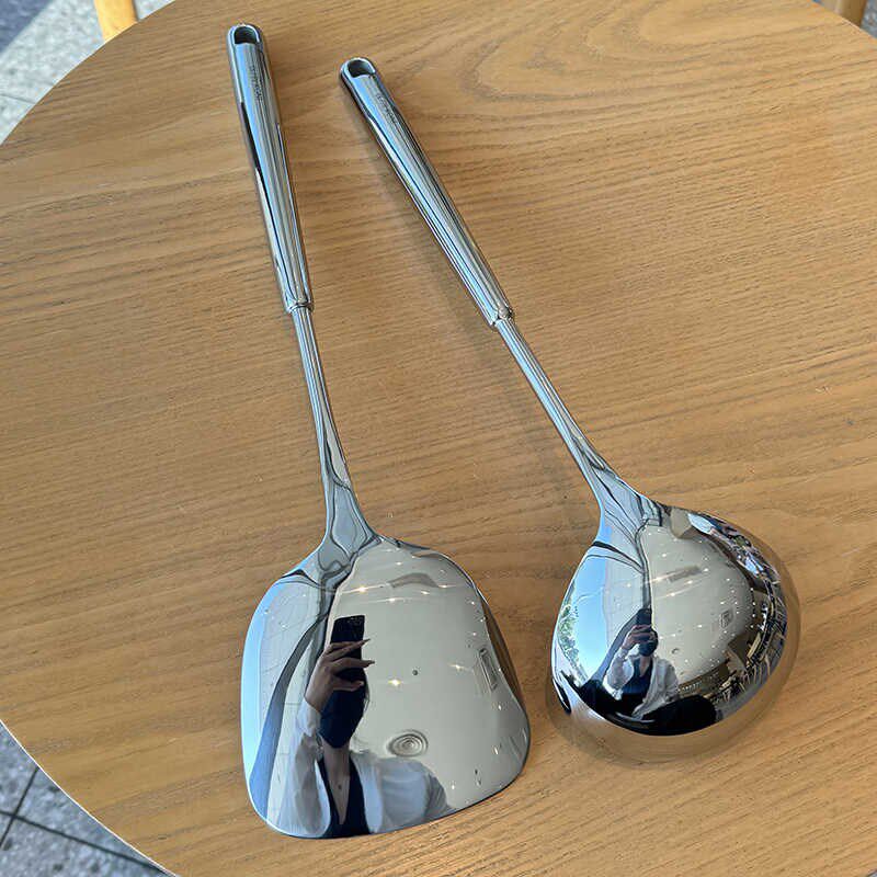 太漂亮了!高档加厚不锈钢中式铁锅铲汤勺漏勺套装家用5a镜面抛光