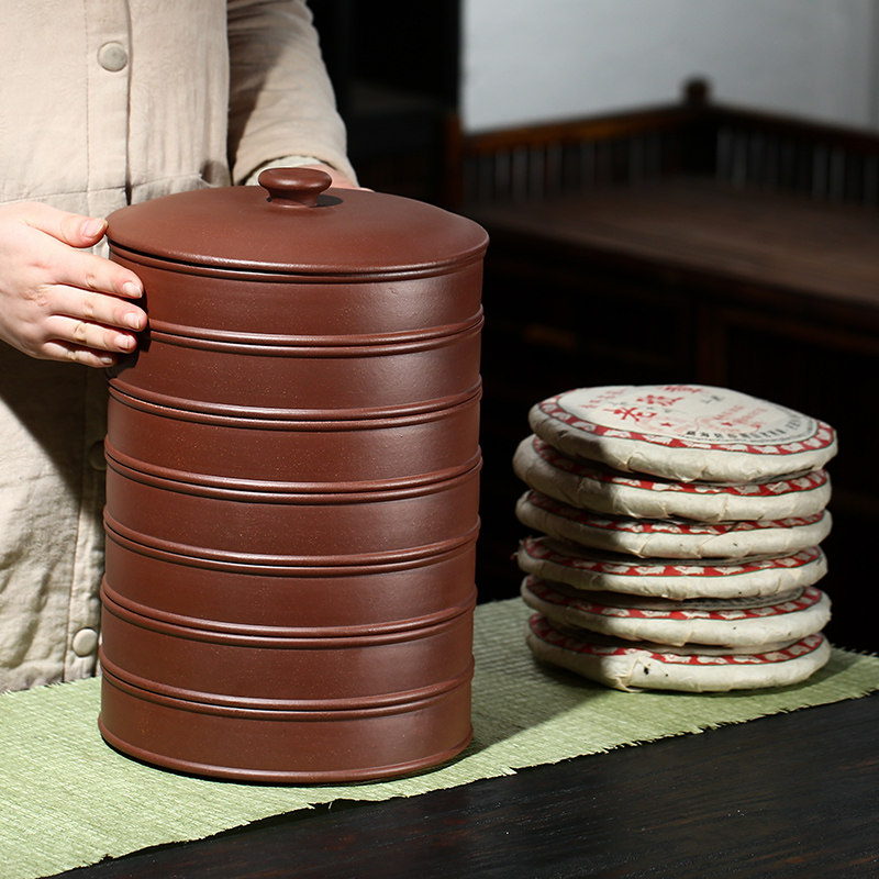 原矿紫砂茶叶罐大号分层叠加普洱茶饼收纳盒家用全手工存储密封罐