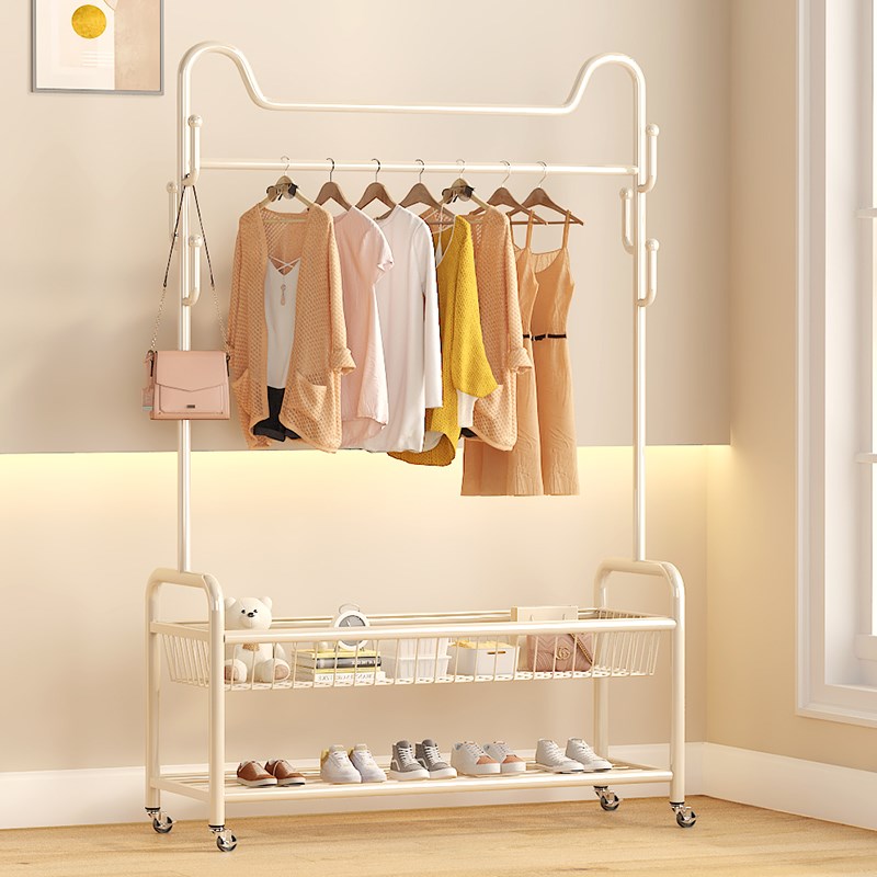 衣架落地卧室挂衣架移动带轮家用网红猫J头奶油风晾衣架简易衣帽