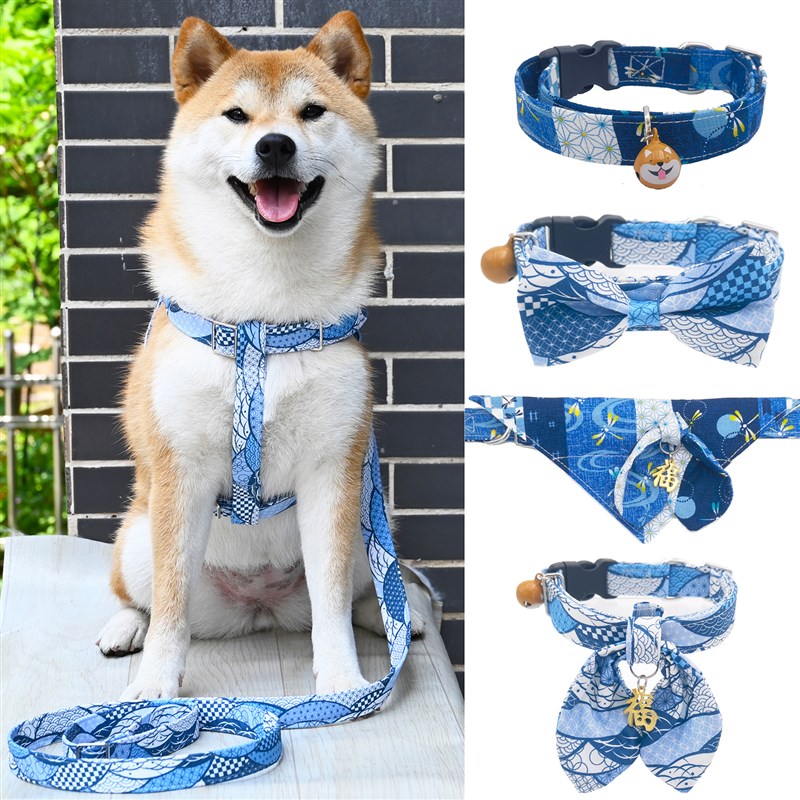 芮柴复古国风蓝色系男款宠物狗狗柯基柴犬项圈脖套领结胸背牵引绳