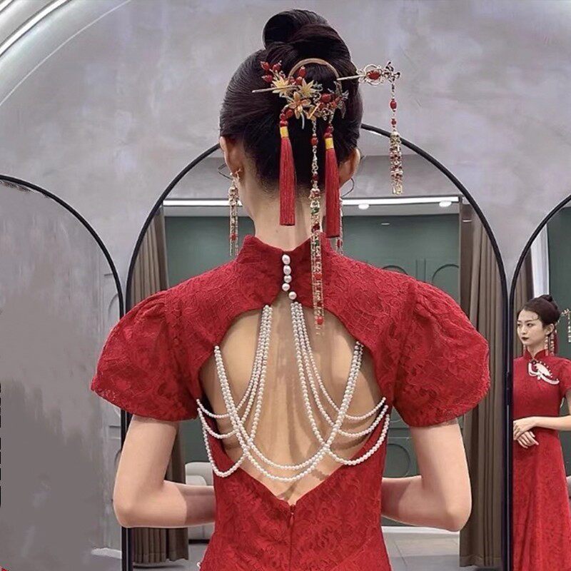 红色新中式新娘头饰秀禾敬酒服发饰简单大气高级结婚旗袍发簪复古