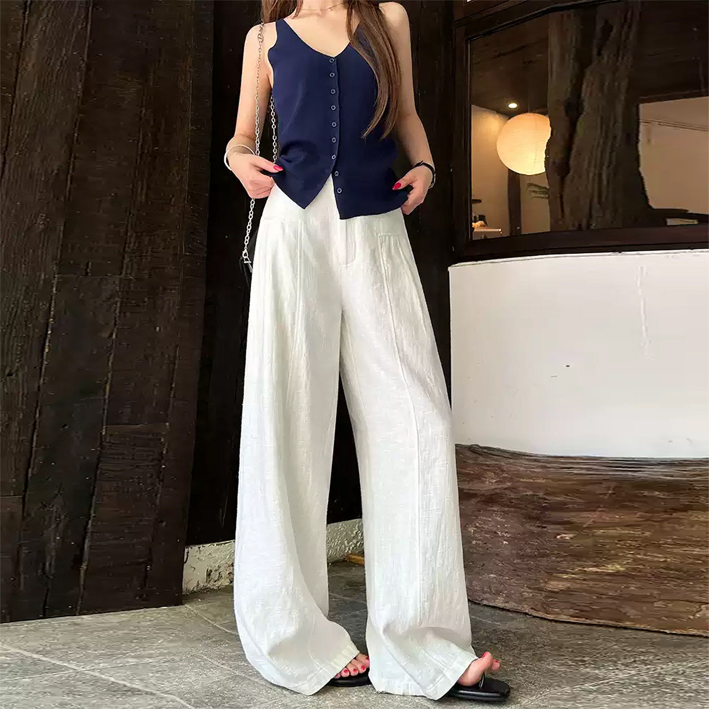 白色棉麻西装裤女夏季薄款老钱风阔腿裤垂感宽松直筒休闲亚麻裤子