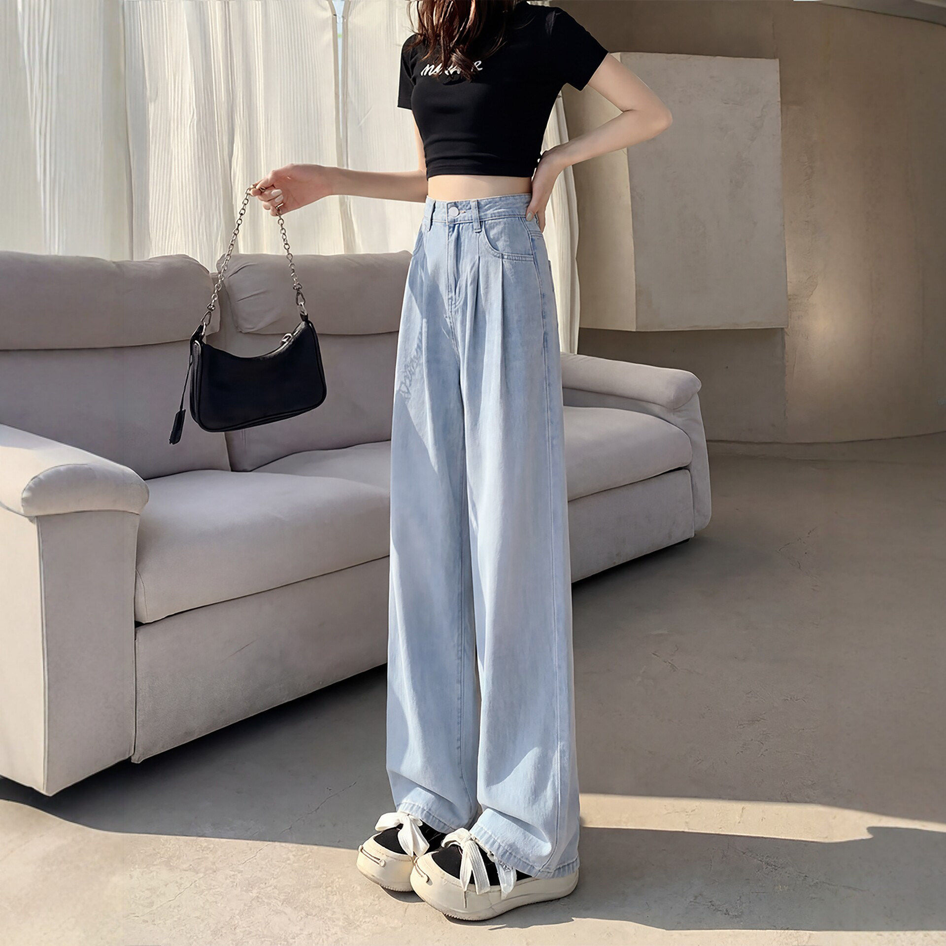 蓝色天丝牛仔裤女2026新款夏季薄款小个子冰丝休闲窄版直筒阔腿裤