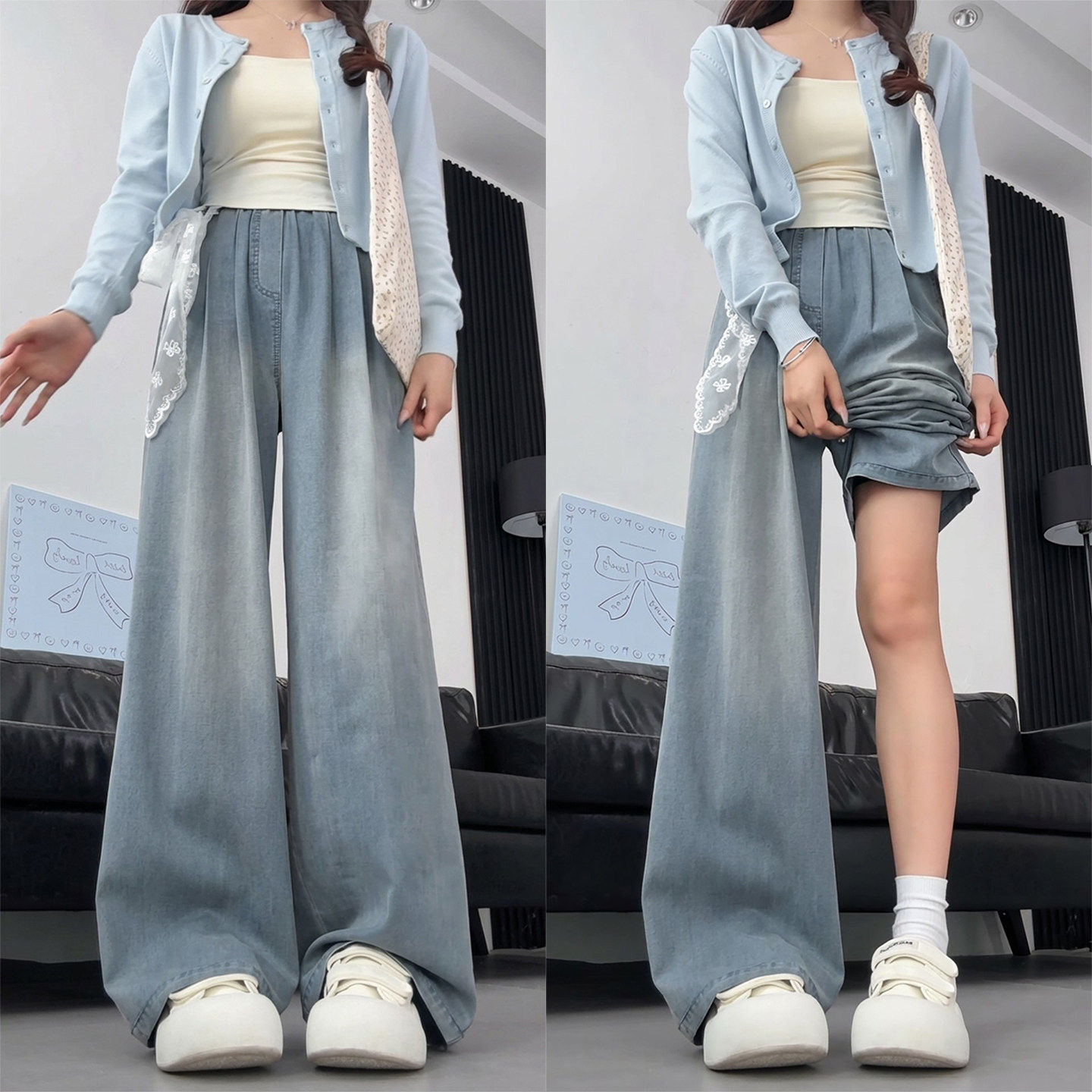 松紧腰天丝牛仔裤女2026新款春秋小个子宽松慵懒风窄版直筒阔腿裤