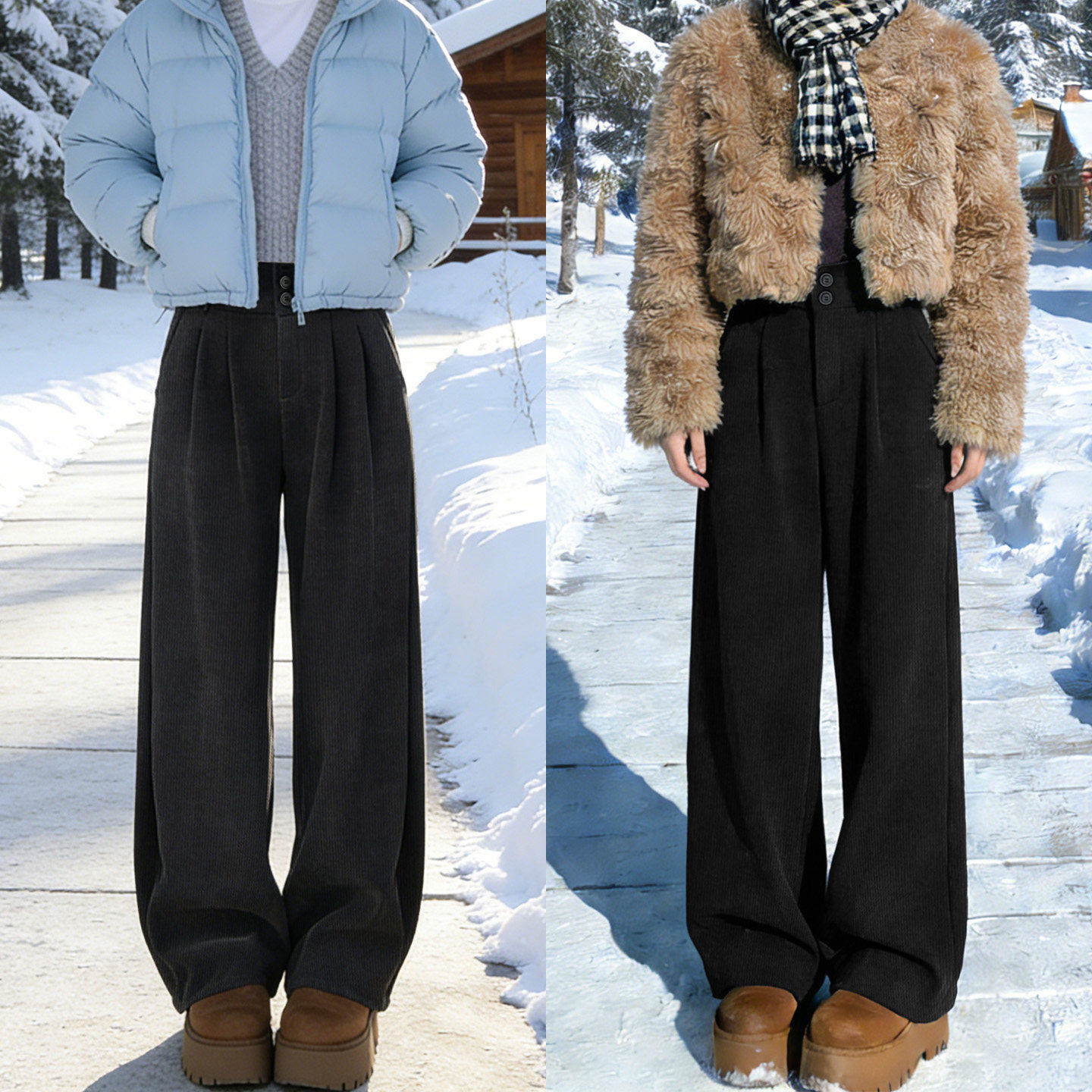 灯芯绒阔腿裤女秋冬季加绒加厚棉裤东北穿搭小个子防风保暖西装裤