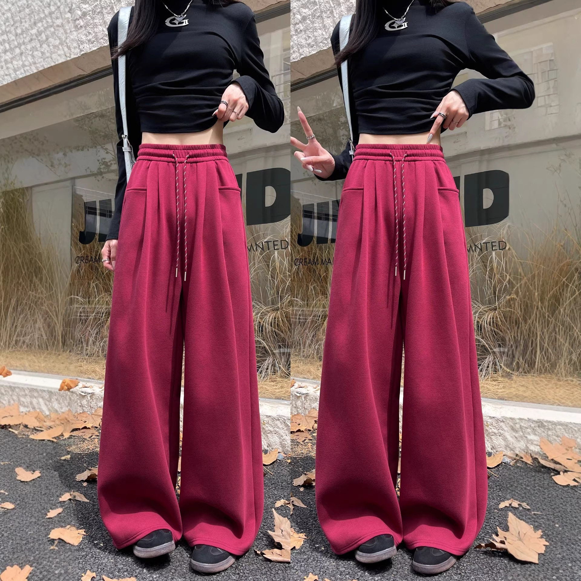 红色裤子女加绒加厚秋冬季2026新款宽松直筒休闲慵懒阔腿运动卫裤